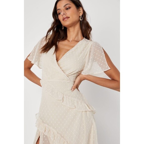 Lulus Womens Swiss Dot Ruffled Midi Dress S Cream Front Slit Beach Travel V-Neck - Picture 6 of 11
